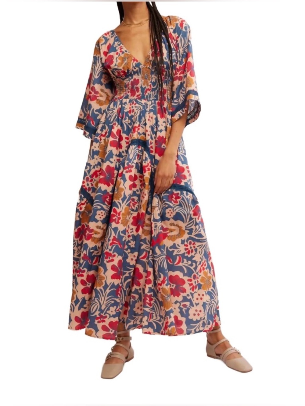 Free People Printed Dixie Maxi Dress - Floral Indigo Smocked Boho
